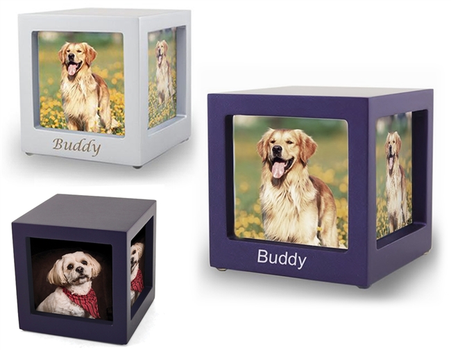 MDF Photo Display Cube Pet Cremation Urn | Navy | Silver | Violet