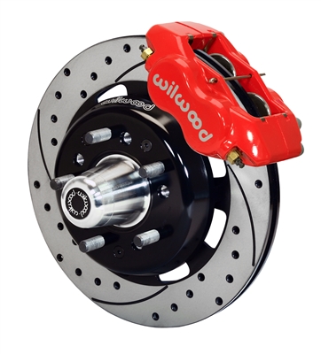 1955 1956 1957 Chevy Wilwood Front Brakes FDL for Stock Spindle - Drilled Rotors & Red (OS)
