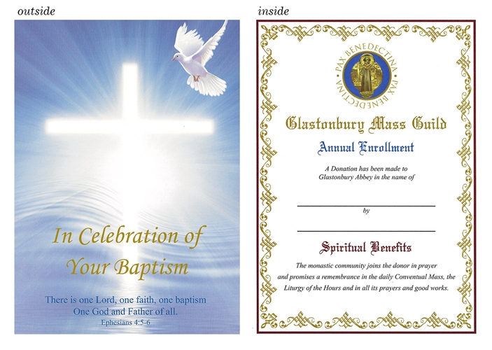 greeting card for catholic baptism with dove and cross