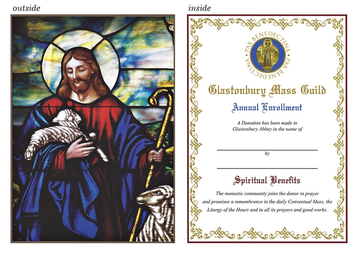 catholic prayer card with image of jesus the shepherd in stained glass style