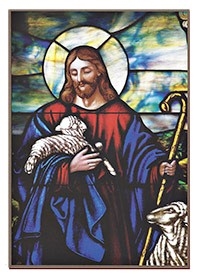 catholic prayer card with image of jesus the shepherd in stained glass style