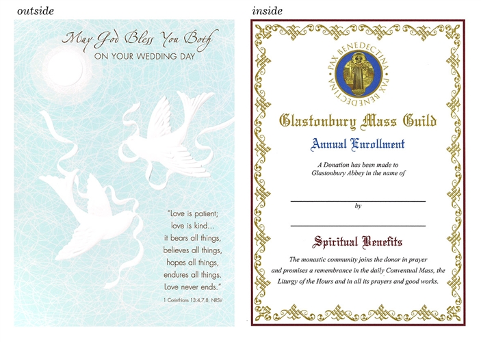 catholic wedding card 1 corinthians 13:4 white doves with ribbon on turquoise background