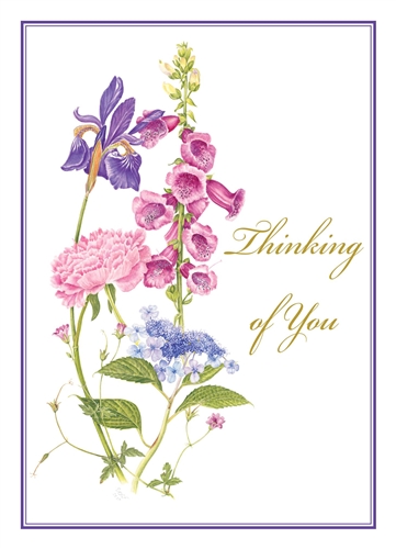 catholic thinking of you card with pink and purple flowers on white background