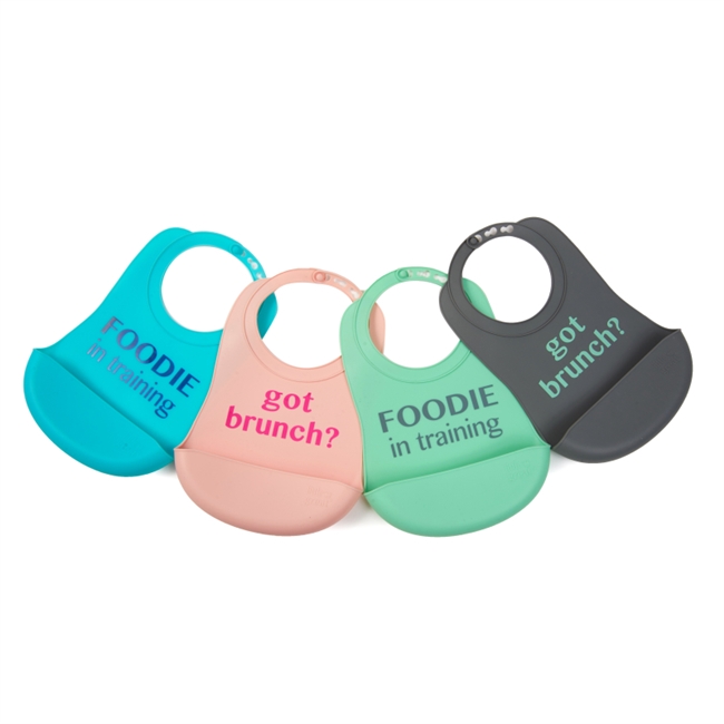 100% Silicone Bib with crumb catcher. No bpa, phthalates, or lead. Rolls up easily for travel.