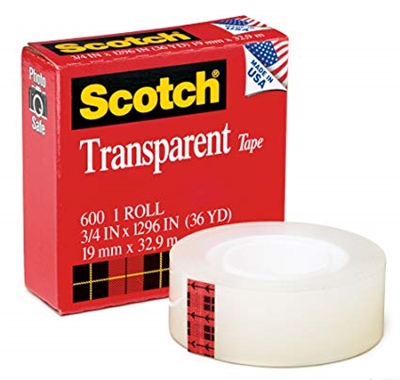 3M 600 Transparent Tape <BR> 3/4" x 36 Yd Roll <BR> 1" Core