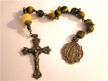 Pocket Handmade Scrolled Openwork Chaplet in Tiger Eye Gemstones ~ One Decade Catholic Tenner ~ Bronze Travel Rosaries