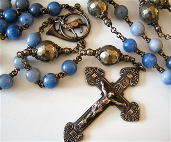 St Huberts Blue Rosary Handmade in Bronze with Gemstone Beads