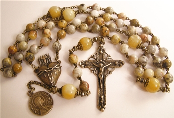 Handmade Rosary, Latin America Hand Forged Crucifix, and Flaming Heart in True Bronze, Crazy Lace Agate, Topaz
