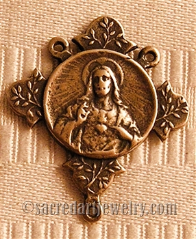Sacred Heart Rosary Center 1 1/8" - Catholic religious rosary parts in authentic antique and vintage styles with amazing detail. Huge collection of crucifixes, rosary centers, and heirloom saint and holy medals handmade in sterling silver and bronze.