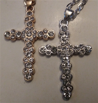 Circle Cross with Rhinestones in Shiny Silver or Golden 3" With 27" Cross Chain - Catholic cross pendants and crucifixes in authentic antique and vintage styles with amazing detail. Large collection of crucifixes, centerpieces, and heirloom m