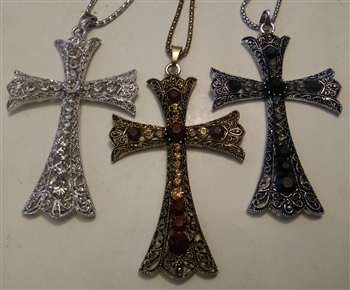 Fancy Filigree Cross with Red, White, or Black Rhinestones 3 1/4" With 27" Ball Chain - Catholic cross pendants and crucifixes in authentic antique and vintage styles with amazing detail. Large collection of crucifixes, centerpieces, and heirloom me