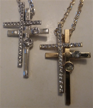 Double Cross Cross with Rhinestones in Shiny Silver or Golden 2" With 27" Cross Chain - Catholic cross pendants and crucifixes in authentic antique and vintage styles with amazing detail. Large collection of crucifixes, centerpieces, and heirloom meda