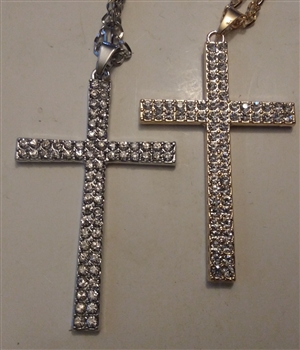 Double Row Cross with Rhinestones in Shiny Silver or Golden 3" With 27" Cross Chain - Catholic cross pendants and crucifixes in authentic antique and vintage styles with amazing detail. Large collection of crucifixes, centerpieces, and heirloom medals