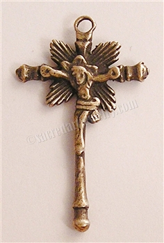 Childs Crucifix 1 1/2"  - Catholic cross pendants and crucifixes in authentic antique and vintage styles with amazing detail. Large collection of crucifixes, centerpieces, and heirloom medals made by hand in California, US.