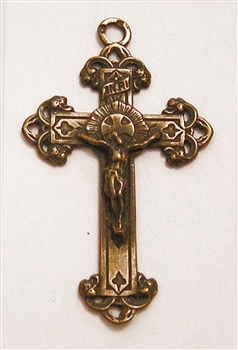 Small Elegant Crucifix 1 3/4"  - Catholic cross pendants and rosary crucifixes in authentic antique and vintage styles with amazing detail. Large collection of crucifixes, centerpieces, and heirloom medals made by hand in California, US.