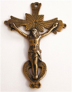 Southwestern Crucifix 2 1/4" - Catholic religious rosary parts in authentic antique and vintage styles with amazing detail. Large collection of crucifixes, centerpieces, and heirloom medals made by hand in California, US. Available in true bronze and .925