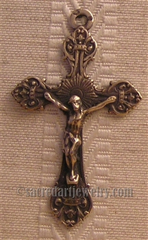 Small Floral Crucifix 1 3/4" - Religious crosses, Catholic crucifixes, rosary parts in authentic antique and vintage styles with amazing detail. Large collection of crucifixes, centerpieces, and heirloom medals made by hand in California, US.