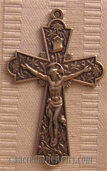 Flowers Crucifix 2" - Religious crosses, Catholic crucifixes, rosary parts in authentic antique and vintage styles with amazing detail. Large collection of crucifixes, centerpieces, and heirloom medals made by hand in California, US. Available in true bro