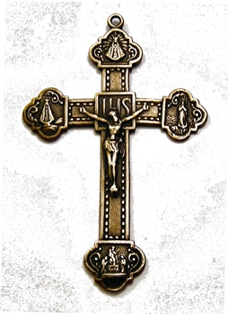 Large Crucifix 2 1/2" - Religious crosses, Catholic crucifixes, rosary parts in authentic antique and vintage styles with amazing detail. Large collection of crucifixes, centerpieces, and heirloom medals made by hand in California, US. Available in true b