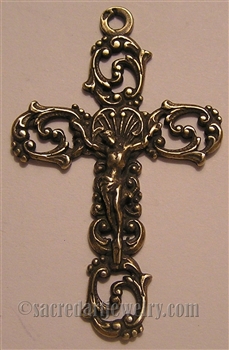 French Scrolls Crucifix  - Catholic rosary parts and religious crosses in authentic antique and vintage styles with amazing detail. Large collection of crucifixes, centerpieces, and heirloom medals made by hand in true bronze or sterling silver.