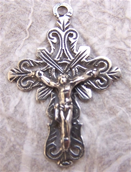 Delicate Mexican Crucifix 1 1/2" - Catholic religious rosary parts in authentic antique and vintage styles with amazing detail. Large collection of crucifixes, centerpieces, and heirloom medals made by hand in sterling silver or bronze.