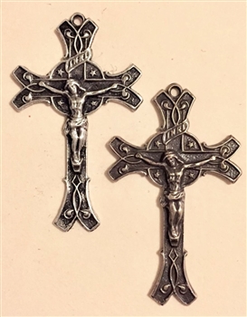 Crucifix with Stars 1 5/8" - Catholic cross pendants and crucifixes in authentic antique and vintage styles with amazing detail. Large collection of crucifixes, centerpieces, and heirloom medals made by hand in California, US.