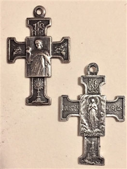 Jesus Holding the World & Mary at Lourdes Cross 1 1/2" - Catholic cross pendants and crucifixes in authentic antique and vintage styles with amazing detail. Large collection of crucifixes, centerpieces, and heirloom medals made by hand in Cali