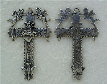 Yalalag Cross with Angels Mexico 2 3/8" - Catholic religious medals in authentic antique and vintage styles with amazing detail. Large collection of heirloom pieces made by hand in California, US. Available in true bronze and sterling silver.