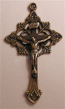 Womans Crucifix 1 3/4" - Catholic religious medals in authentic antique and vintage styles with amazing detail. Large collection of heirloom pieces made by hand in California, US. Available in true bronze and sterling silver.