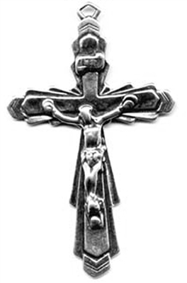 Art Deco Crucifix 1 3/4" - Catholic religious medals in authentic antique and vintage styles with amazing detail. Large collection of heirloom pieces made by hand in California, US. Available in true bronze and sterling silver.