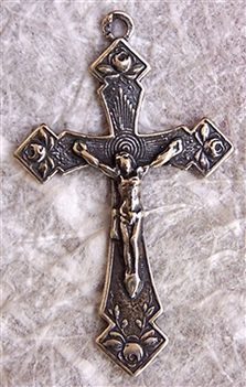 Delicate Roses Crucifix 1 3/8" - Catholic religious medals in authentic antique and vintage styles with amazing detail. Large collection of heirloom pieces made by hand in California, US. Available in true bronze and sterling silver.