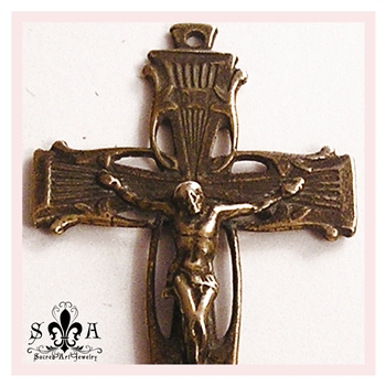 Elegant Crucifix 1 3/4" - Catholic religious rosary parts in authentic antique and vintage styles with amazing detail. Large collection of crucifixes, centerpieces, and heirloom medals made by hand in true bronze and sterling silver.