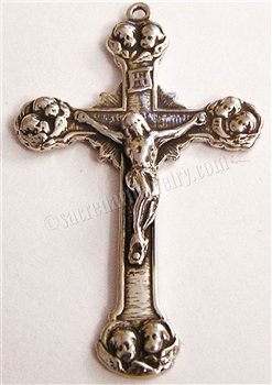 Cherub Angels Crucifix 1 7/8" - Catholic religious rosary parts in authentic antique and vintage styles with amazing detail. Large collection of crucifixes, centerpieces, and heirloom medals made by hand in true bronze and .925 sterling silver.