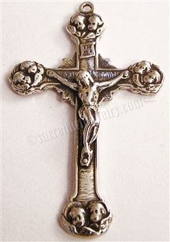 Cherub Angels Crucifix 1 7/8" - Catholic religious rosary parts in authentic antique and vintage styles with amazing detail. Large collection of crucifixes, centerpieces, and heirloom medals made by hand in true bronze and .925 sterling silver.