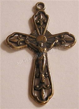 Small Fleur de Lis Crucifix 1 1/2" - Catholic religious rosary parts in authentic antique and vintage styles with amazing detail. Large collection of crucifixes, centerpieces, and heirloom medals made by hand in true bronze and .925 sterling silver.