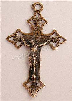 Open Work Buds Crucifix 1 3/4" - Catholic religious rosary parts in authentic antique and vintage styles with amazing detail. Large collection of crucifixes, centerpieces, and heirloom medals made by hand in true bronze and .925 sterling silver.