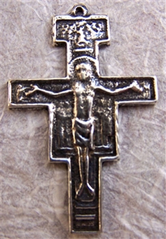 San Damiano Crucifix 1 5/8" - Catholic religious rosary parts in authentic antique and vintage styles with amazing detail. Large collection of crucifixes, centerpieces, and heirloom medals made by hand in true bronze and .925 sterling silver.