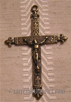 Fleur de Lis Crucifix 1 3/4" - Catholic religious rosary parts in authentic antique and vintage styles with amazing detail. Large collection of crucifixes, centerpieces, and heirloom medals made by hand in true bronze and .925 sterling silver.