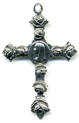 Mary with Roses Cross 2 1/2" - Catholic religious rosary parts in authentic antique and vintage styles with amazing detail. Large collection of crucifixes, centerpieces, and heirloom medals made by hand in true bronze and .925 sterling silver.