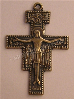 San Damiano St Francis Prayer Crucifix 2" - Catholic religious rosary parts in authentic antique and vintage styles with amazing detail. Large collection of crucifixes, centerpieces, and heirloom medals made by hand in true bronze and .925 sterling silver