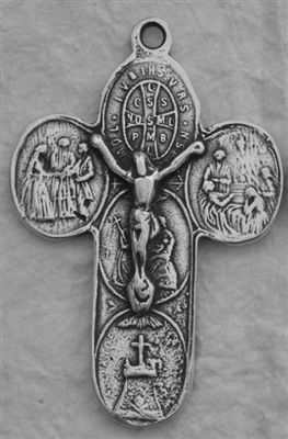 St Benedict Crucifix 1 1/2" - Catholic religious crucifixes, crosses and medals in authentic antique and vintage styles with amazing detail. Large collection of heirloom pieces made by hand in California, US. Available in true bronze and sterling silver.