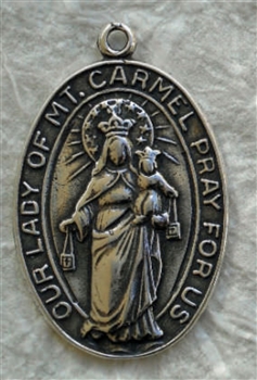 Our Lady of Mount Carmel Medal Pendant 1" - Catholic religious medals in authentic antique and vintage styles with amazing detail. Large collection of heirloom pieces made by hand in California, US. Available in true bronze and sterling silver