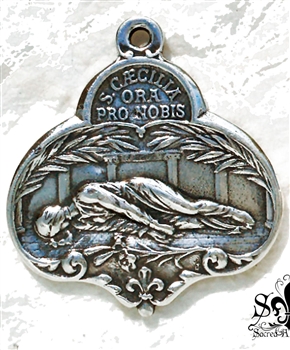 St Cecilia Medal 1 1/4" - Catholic religious medals in authentic antique and vintage styles with amazing detail. Large collection of heirloom pieces made by hand in California, US. Available in true bronze and sterling silver