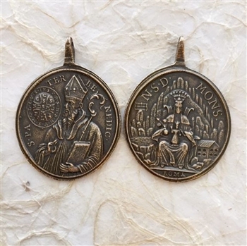 St. Benedict with Book, Prayer/Our Lady of Montserrat ROMA. 2 1/4- Catholic religious medals in authentic antique and vintage styles with amazing detail. Large collection of heirloom pieces made by hand in California, US. Available