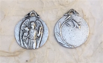 Guardian Angel with Youth/Lily 7/8 - Catholic religious medals in authentic antique and vintage styles with amazing detail. Large collection of heirloom pieces made by hand in California, US. Available