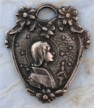 Joan of Arc in Battle Dress, Stars and Flowers Medal 1 1/8" - Catholic religious medals in authentic antique and vintage styles with amazing detail. Large collection of heirloom pieces made by hand in California, US. Available in true bronze and sterling