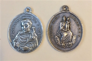 St. Dominic & Queen of the Holy Rosary Medal 1 7/8" - Catholic religious medals in authentic antique and vintage styles with amazing detail. Large collection of heirloom pieces made by hand in California, US. Available in true bronze and sterling silver.