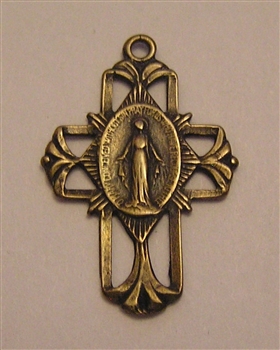 Miraculous Mary Cross 1 1/8" - Catholic religious medals in authentic antique and vintage styles with amazing detail. Large collection of heirloom pieces made by hand in California, US. Available in sterling silver and true bronze