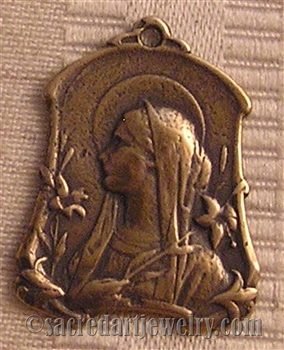 Virgin Mary Medal Art Nouveau 1 1/4" - Catholic religious medals in authentic antique and vintage styles with amazing detail. Large collection of heirloom pieces made by hand in California, US. Available in true bronze and sterling silver.