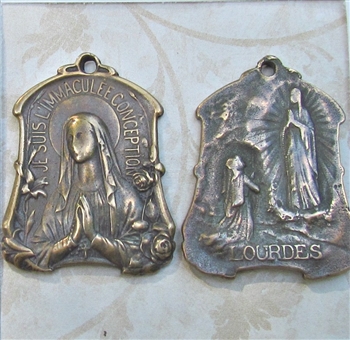 Our Lady of Lourdes Medal 1 3/8" - Catholic religious medals in authentic antique and vintage styles with amazing detail. Large collection of heirloom pieces made by hand in California, US. Available in sterling silver and true bronze